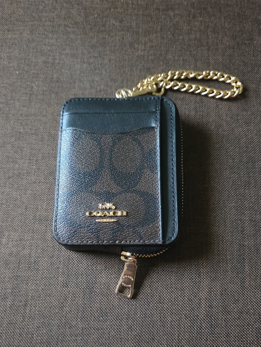 Coach Brown Signature Card Case with Black Trim and Gold Chain